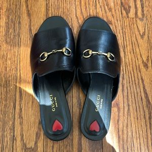 Gucci Black Leather Horsebit Malaga Kid Sandal Peep Toe Slides Size US 8.5